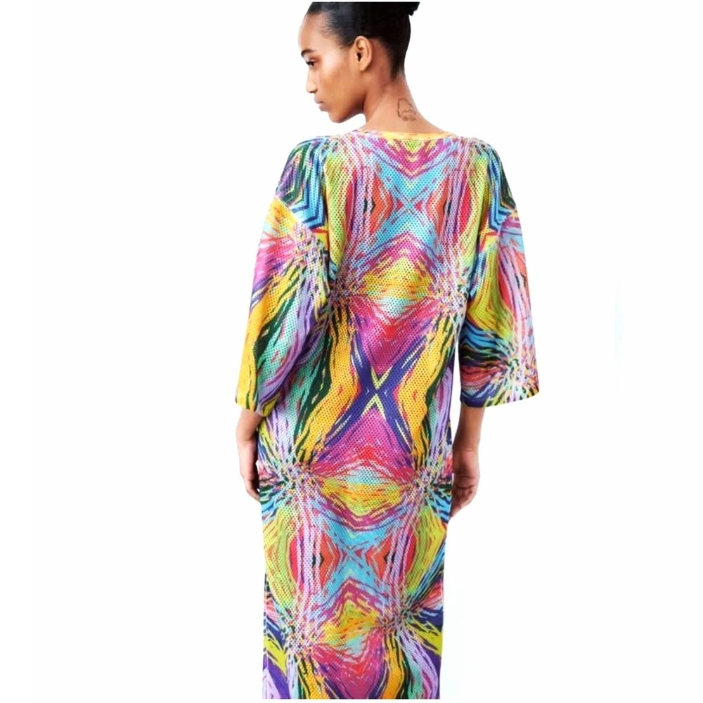 NWT Zara Small Open Mesh Knit Jacquard Tunic Midi Maxi Dress in Bright Multi